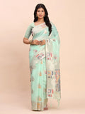 Sea Green LINEN COTTON Saree With Blouse Piece - EZBER