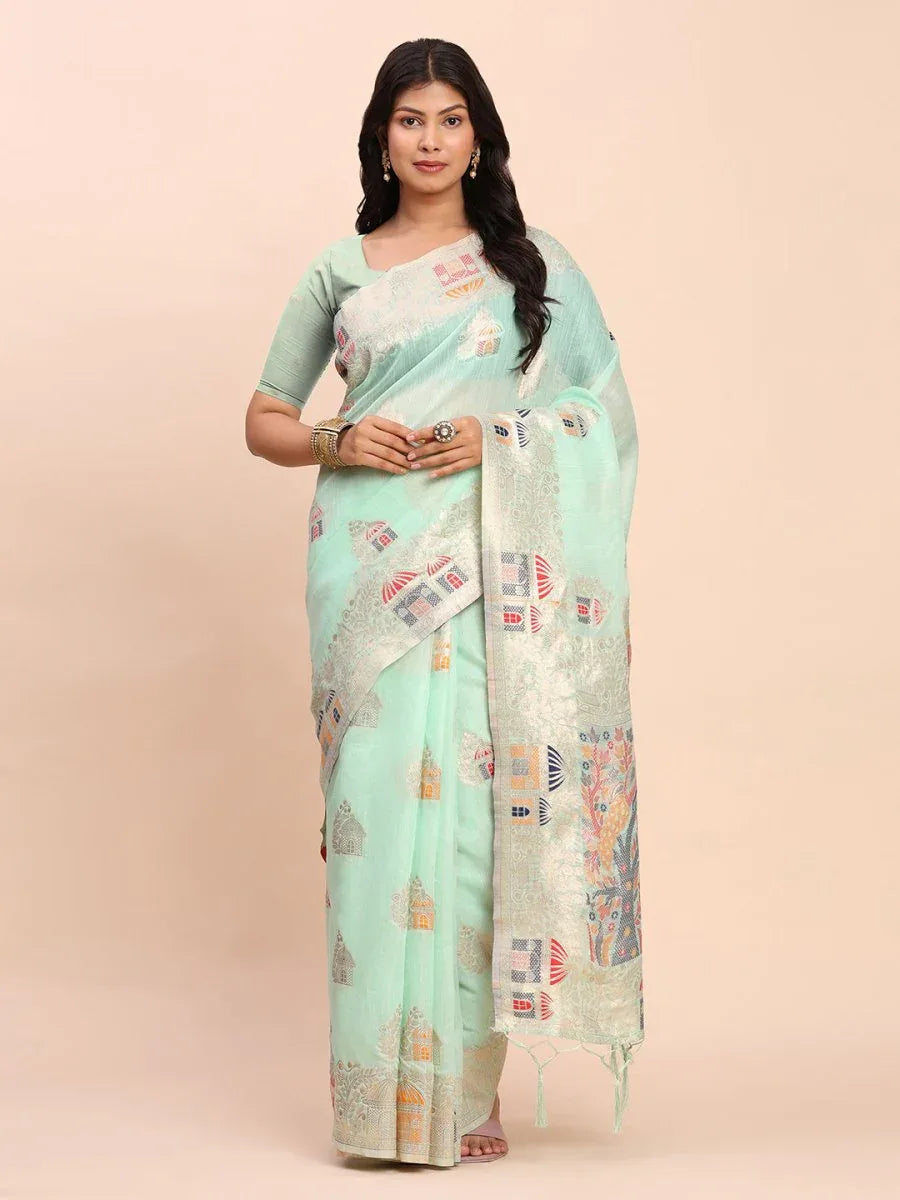 Sea Green LINEN COTTON Saree With Blouse Piece - EZBER