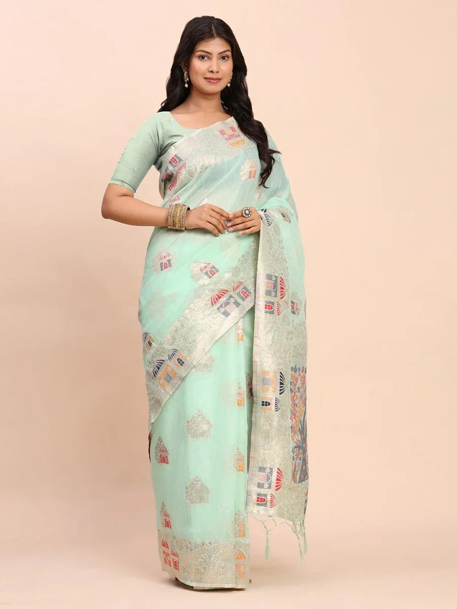 Sea Green LINEN COTTON Saree With Blouse Piece - EZBER