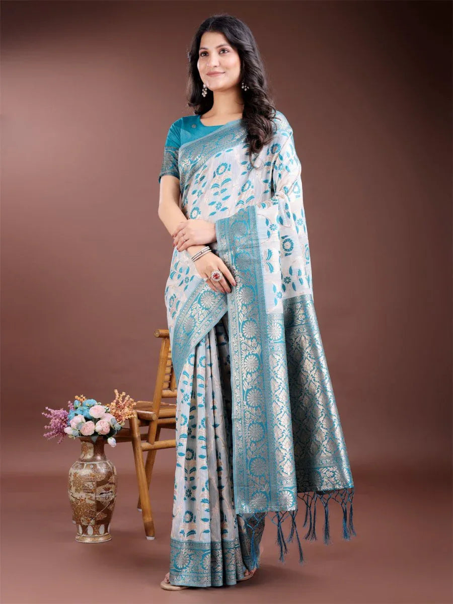 Sea Green Linen Cotton Saree With Blouse Piece - EZBER