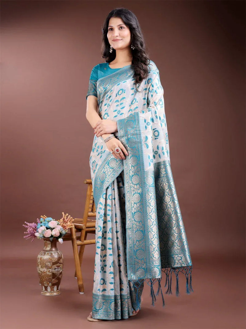 Sea Green Linen Cotton Saree With Blouse Piece - EZBER