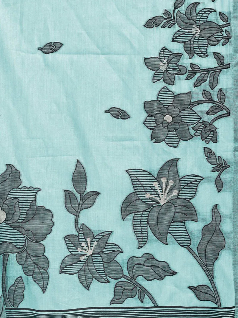 Sea Green Linen Cotton Saree With Blouse Piece - EZBER