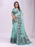 Sea Green Linen Cotton Saree With Blouse Piece - EZBER