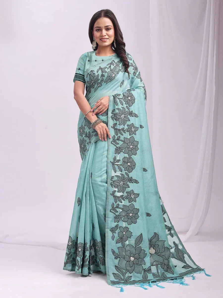 Sea Green Linen Cotton Saree With Blouse Piece - EZBER