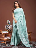 Sea Green Linen Cotton Saree With Blouse Piece - EZBER