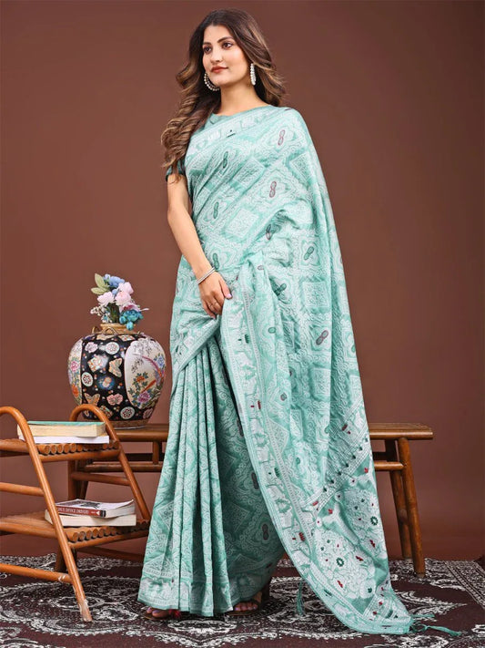 Sea Green Linen Cotton Saree With Blouse Piece - EZBER