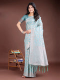Sea Green Linen Cotton Saree With Blouse Piece - EZBER