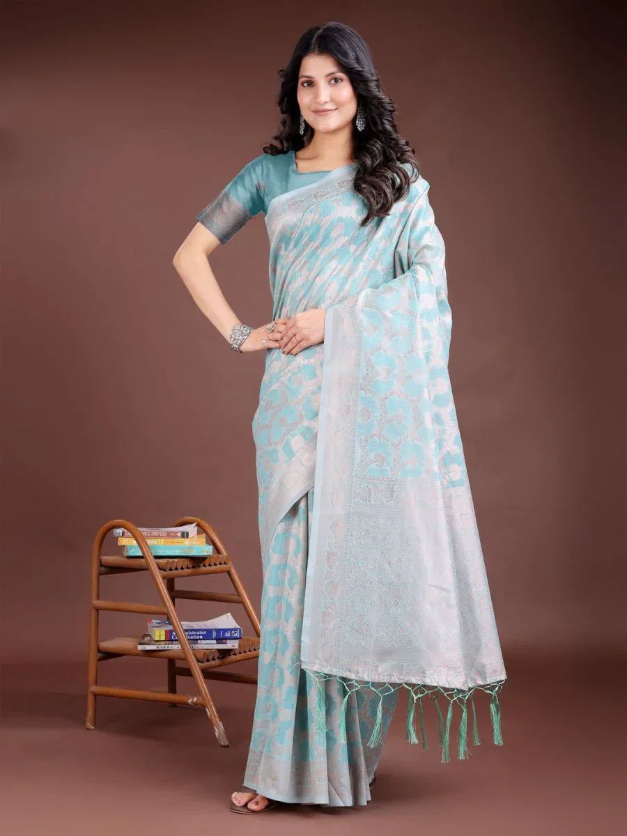 Sea Green Linen Cotton Saree With Blouse Piece - EZBER