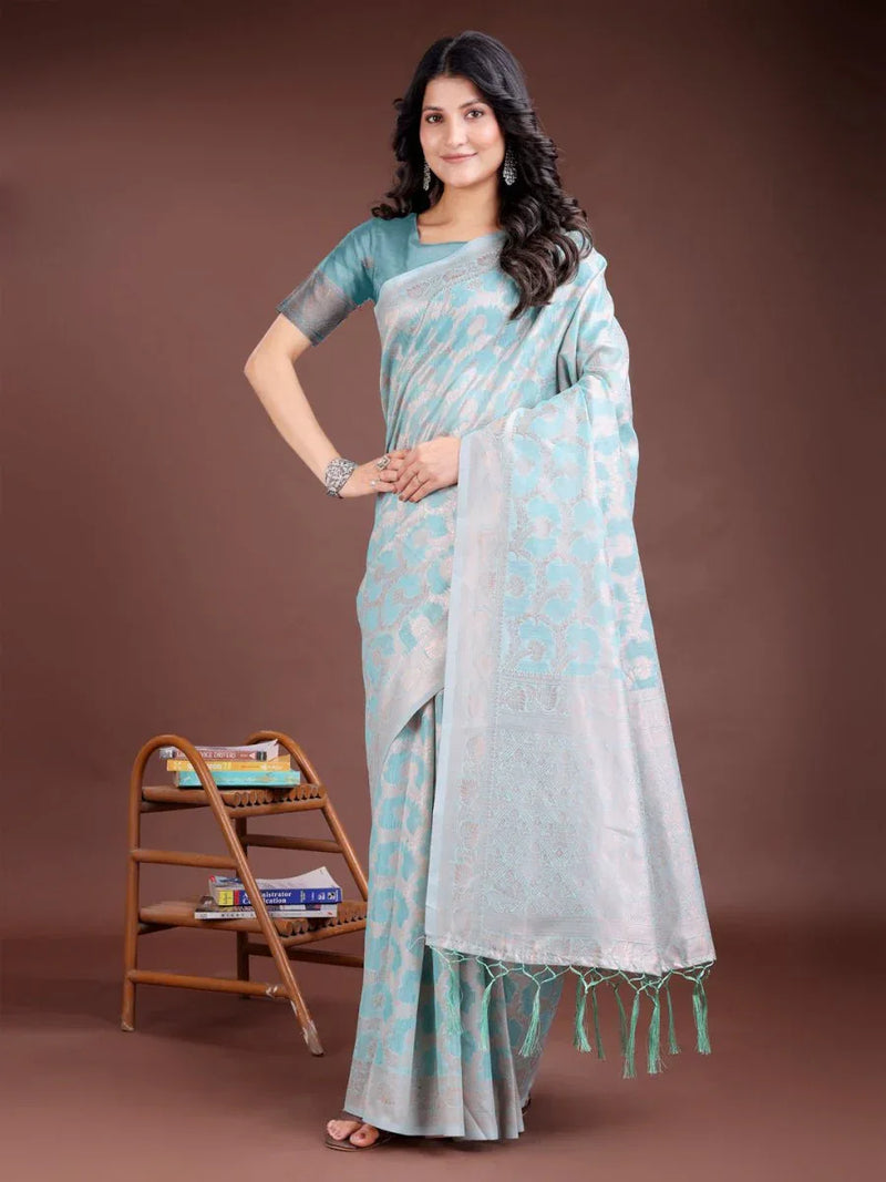Sea Green Linen Cotton Saree With Blouse Piece - EZBER