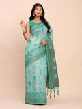 Sea Green Linen Cotton Saree With Blouse Piece - EZBER