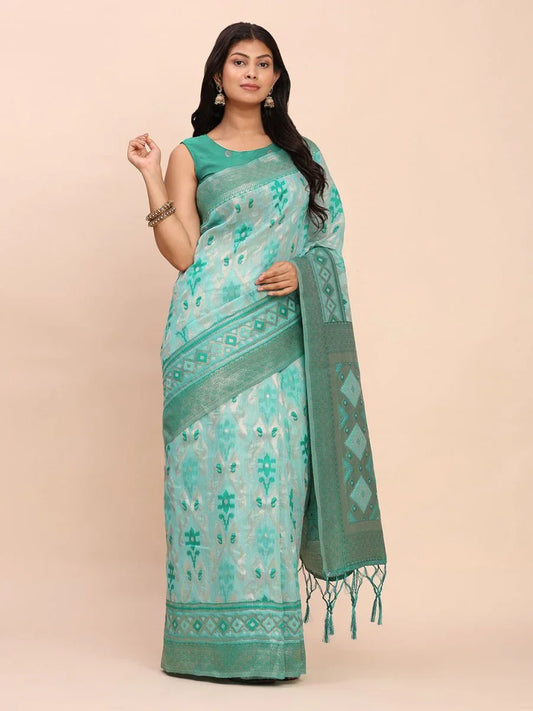 Sea Green Linen Cotton Saree With Blouse Piece - EZBER