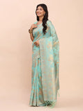 Sea Green Linen Cotton Saree With Blouse Piece - EZBER