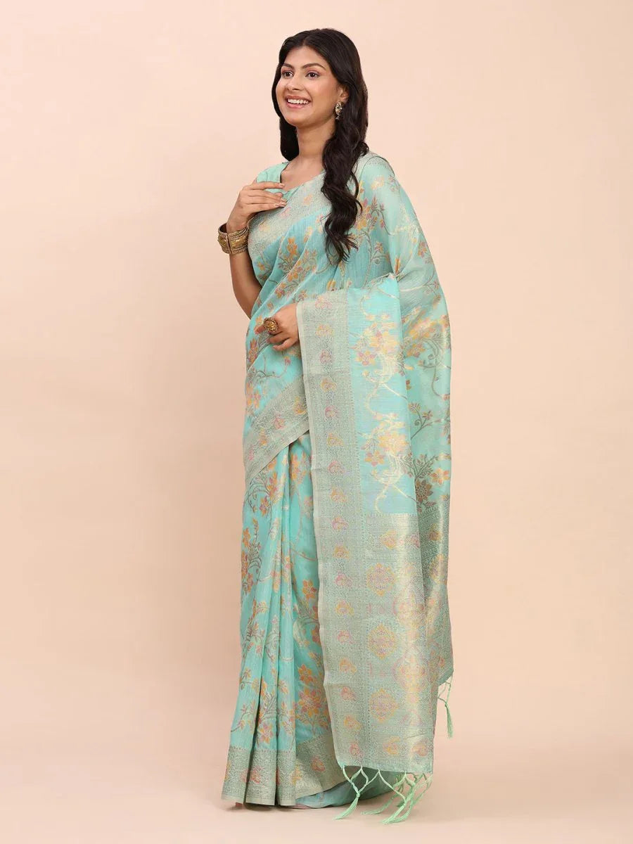 Sea Green Linen Cotton Saree With Blouse Piece - EZBER