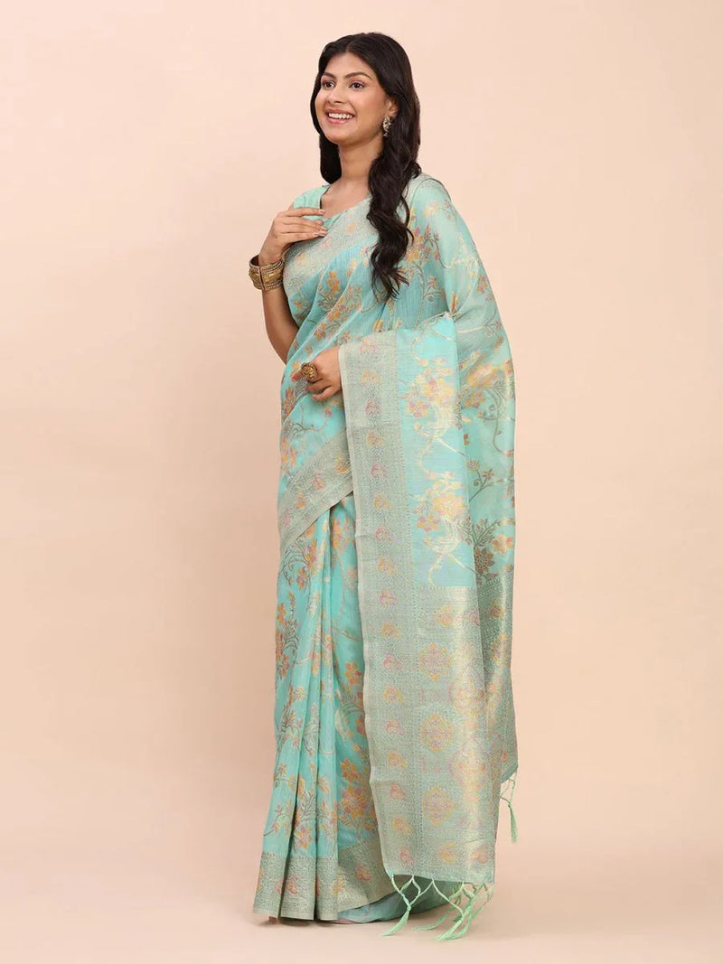 Sea Green Linen Cotton Saree With Blouse Piece - EZBER