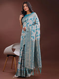 Sea Green Linen Cotton Saree With Blouse Piece - EZBER