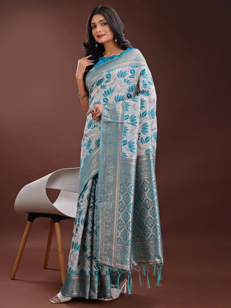 Sea Green Linen Cotton Saree With Blouse Piece - EZBER