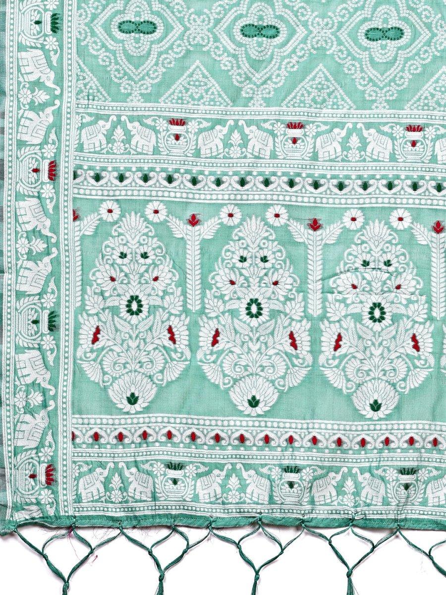 Sea Green Linen Cotton Saree With Blouse Piece - EZBER