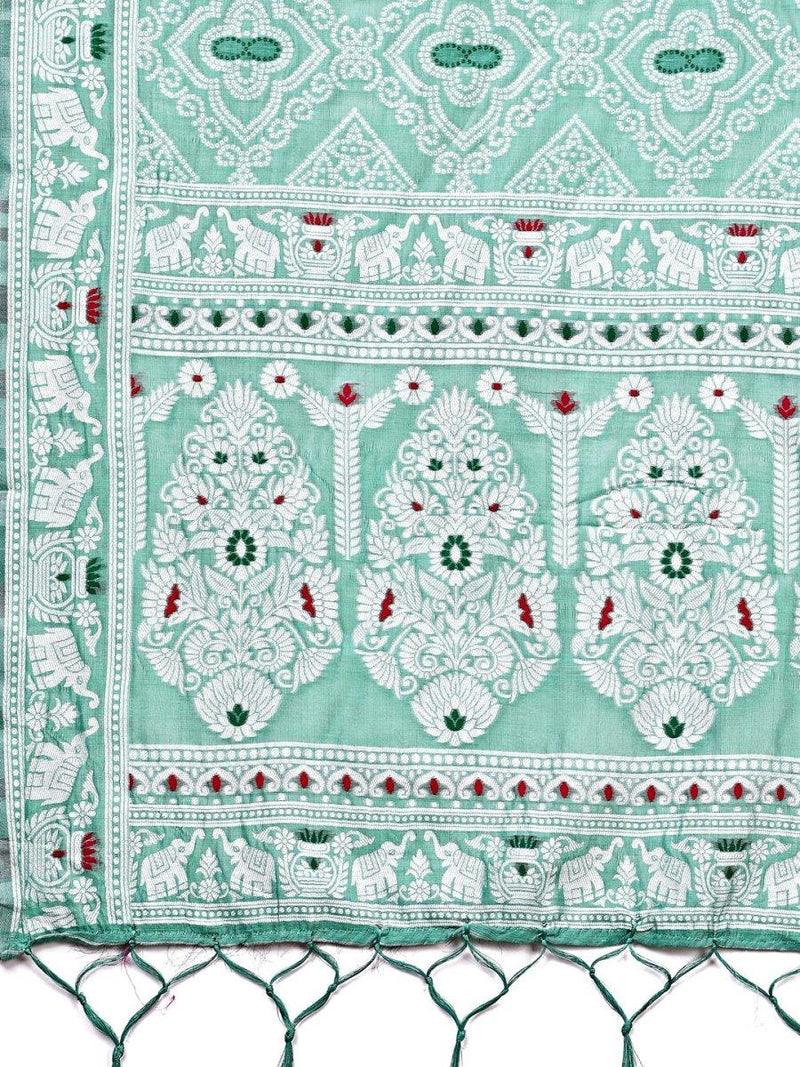 Sea Green Linen Cotton Saree With Blouse Piece - EZBER