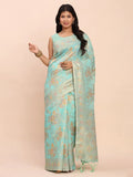 Sea Green Linen Cotton Saree With Blouse Piece - EZBER