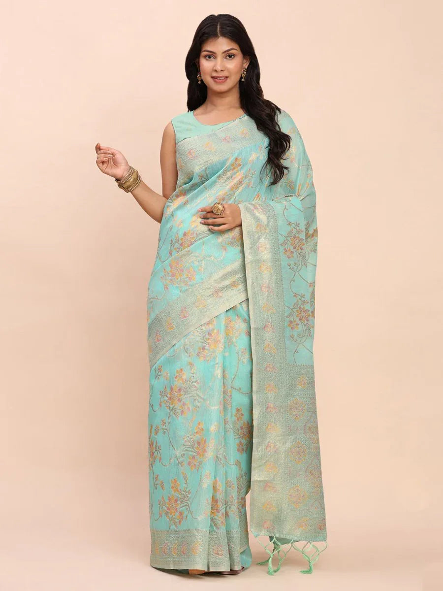 Sea Green Linen Cotton Saree With Blouse Piece - EZBER