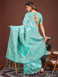 Sea Green Linen Cotton Saree With Blouse Piece - EZBER