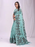 Sea Green Linen Cotton Saree With Blouse Piece - EZBER