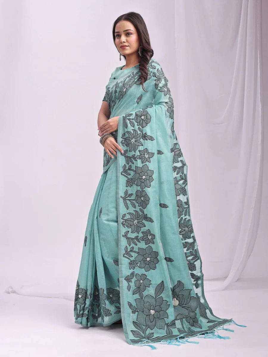 Sea Green Linen Cotton Saree With Blouse Piece - EZBER