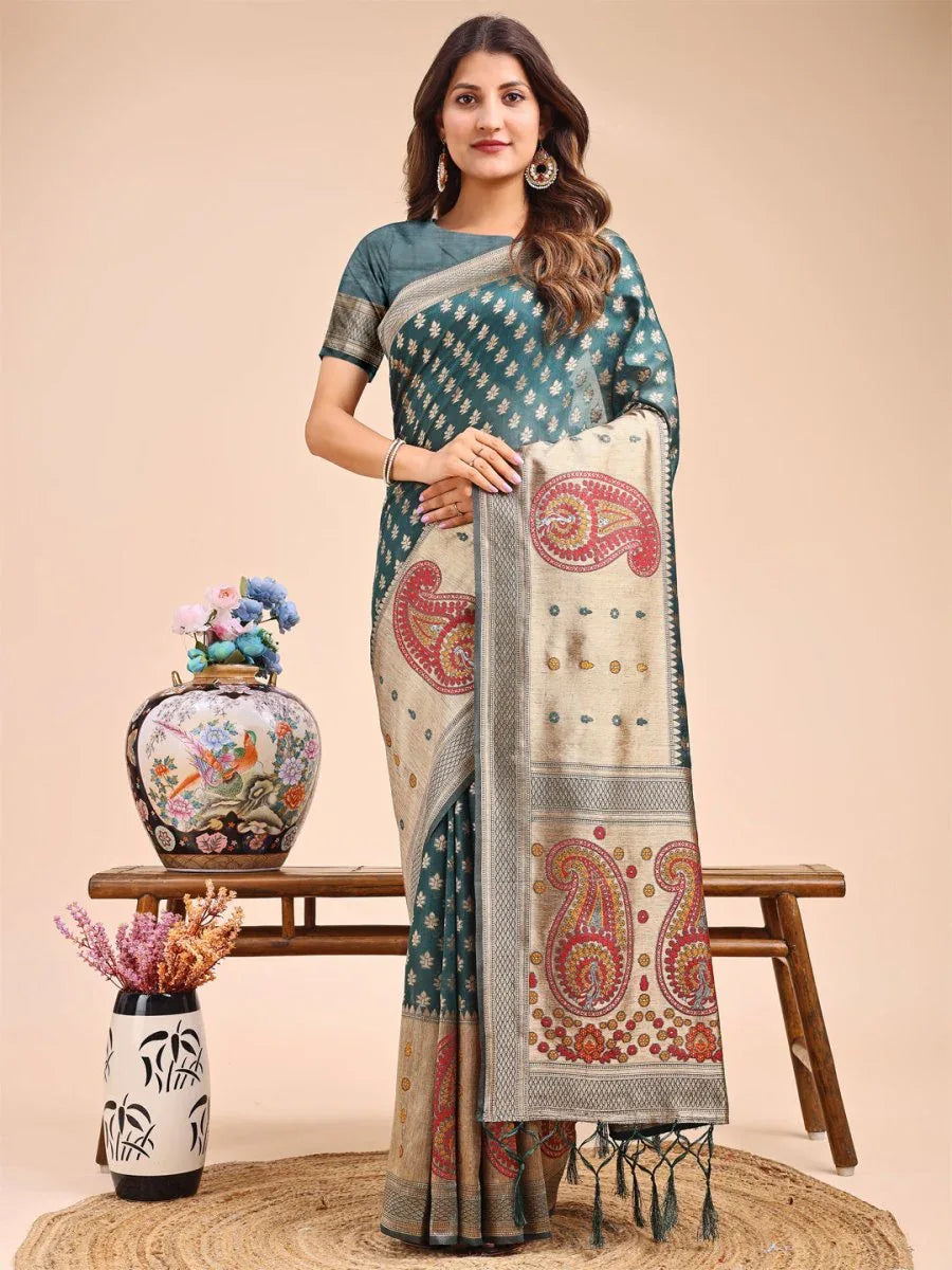 Sea Green Linen Cotton Saree With Blouse Piece - EZBER
