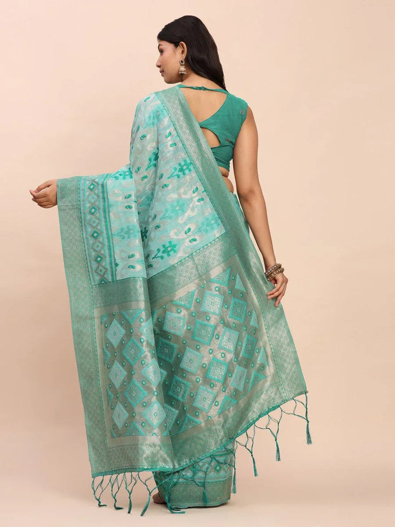 Sea Green Linen Cotton Saree With Blouse Piece - EZBER