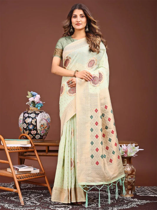 Sea Green Linen Cotton Saree With Blouse Piece - EZBER
