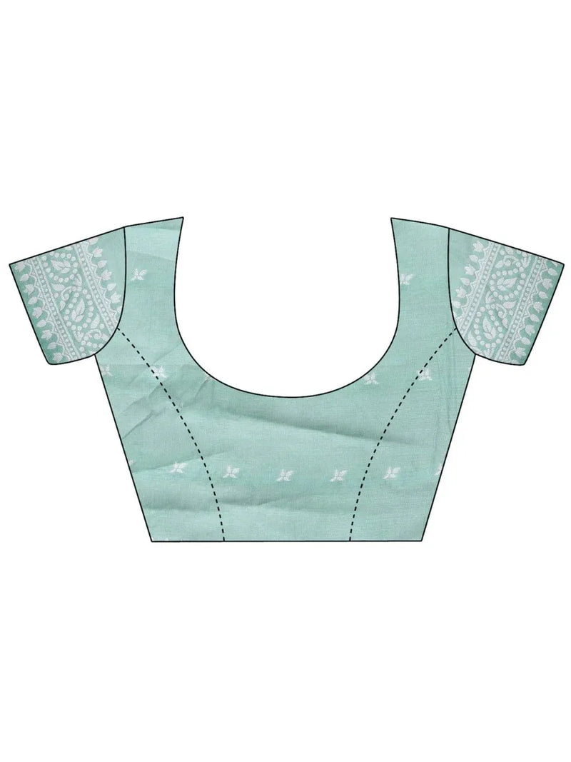 Sea Green Linen Cotton Saree With Blouse Piece - EZBER