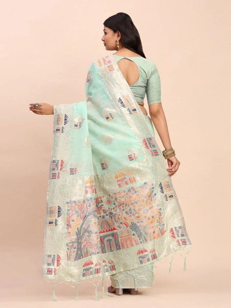 Sea Green LINEN COTTON Saree With Blouse Piece - EZBER