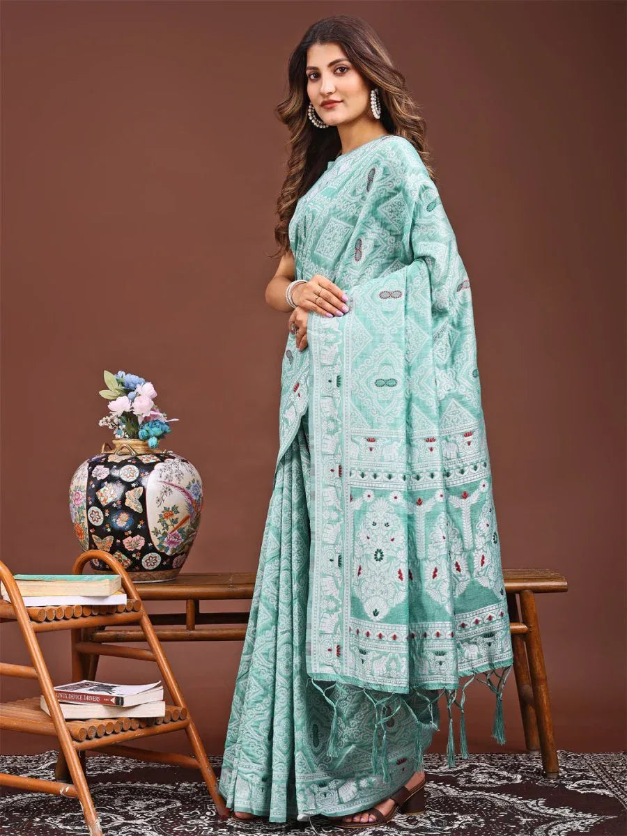 Sea Green Linen Cotton Saree With Blouse Piece - EZBER