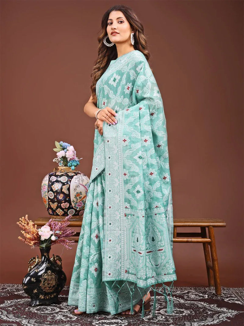 Sea Green Linen Cotton Saree With Blouse Piece - EZBER