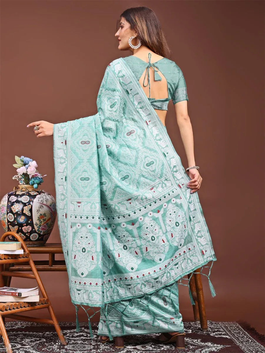 Sea Green Linen Cotton Saree With Blouse Piece - EZBER
