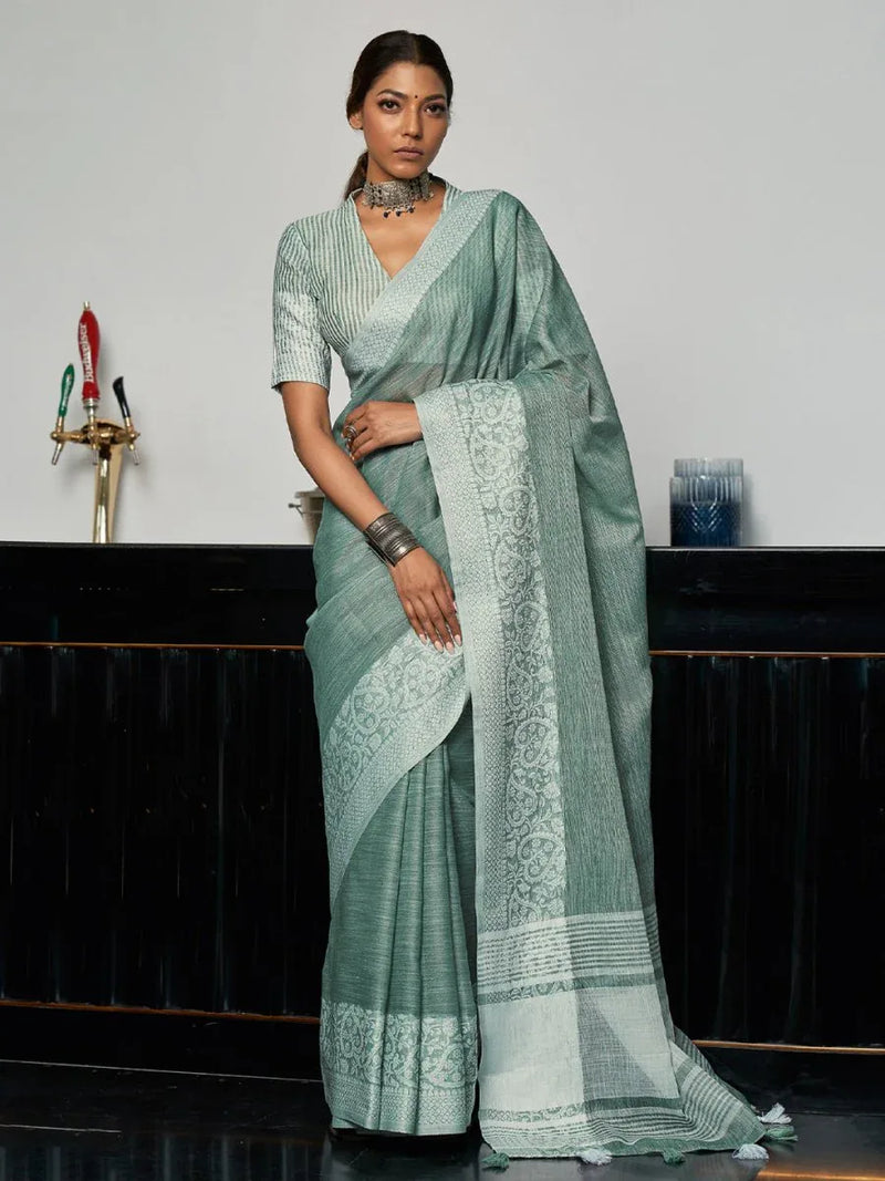 Sea Green Linen Saree With Blouse Piece - EZBER