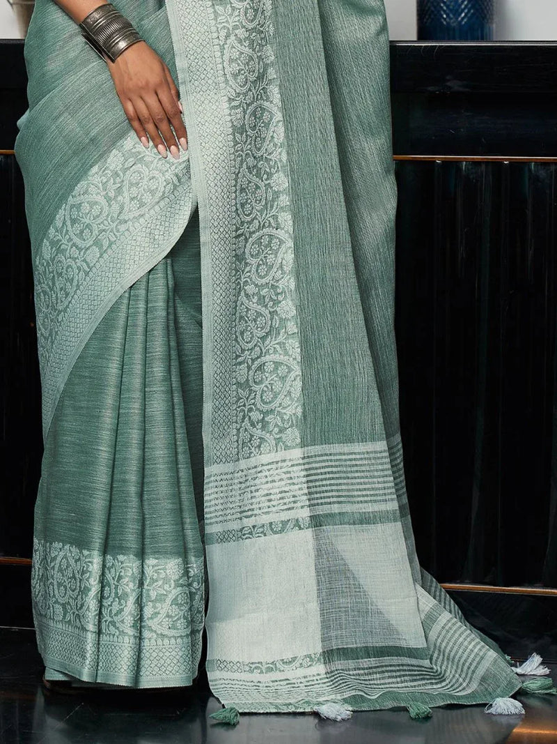 Sea Green Linen Saree With Blouse Piece - EZBER
