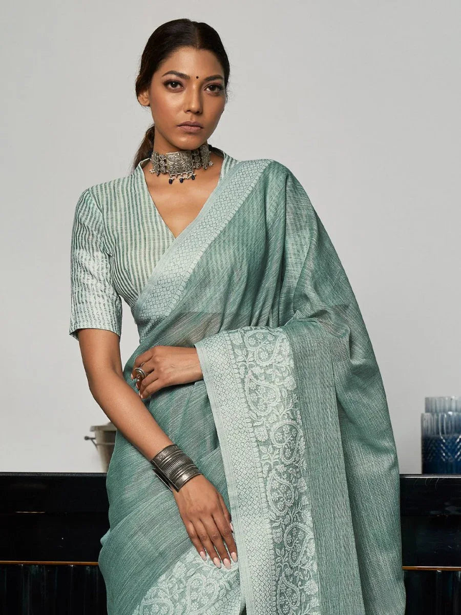 Sea Green Linen Saree With Blouse Piece - EZBER