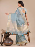 Sea Green Organza Saree With Blouse Piece - EZBER