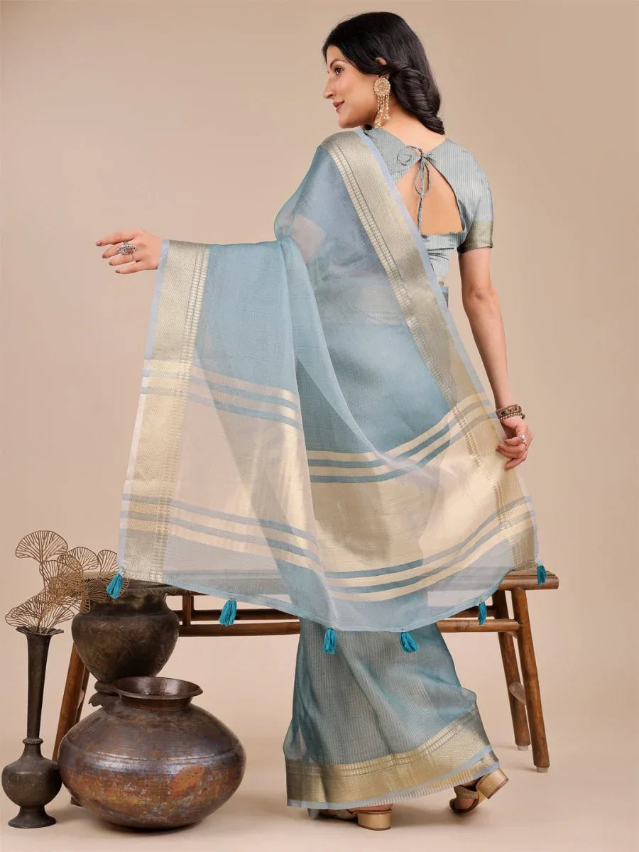 Sea Green Organza Saree With Blouse Piece - EZBER