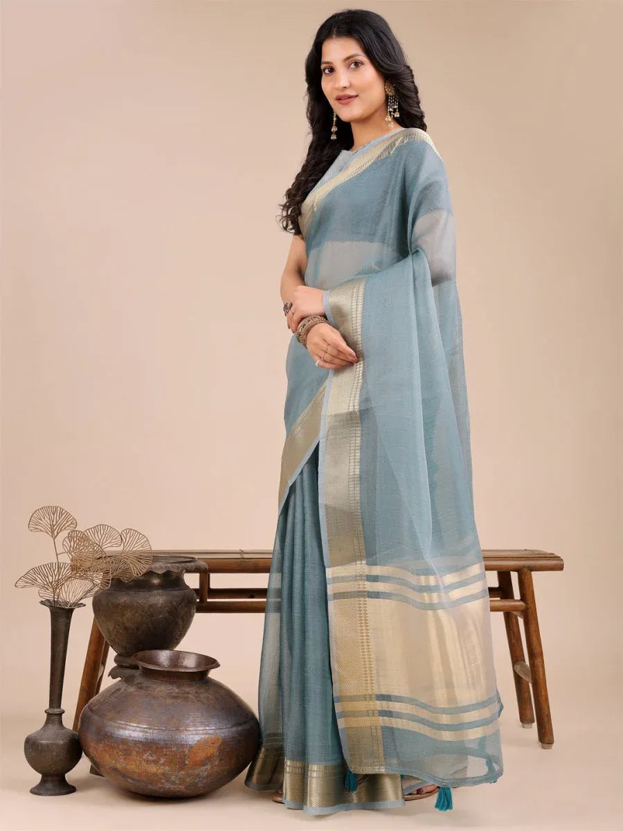 Sea Green Organza Saree With Blouse Piece - EZBER