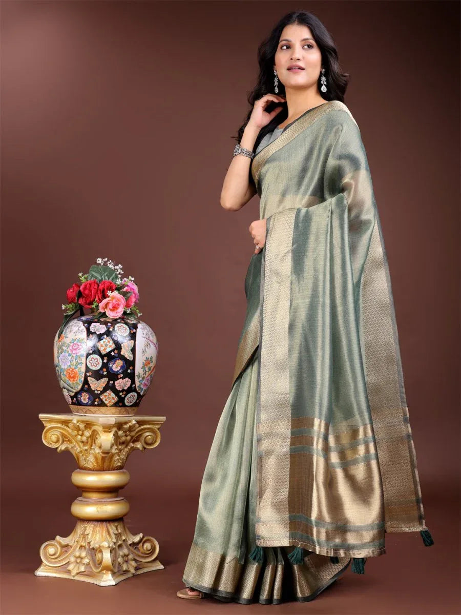 Sea Green Organza Saree With Blouse Piece - EZBER