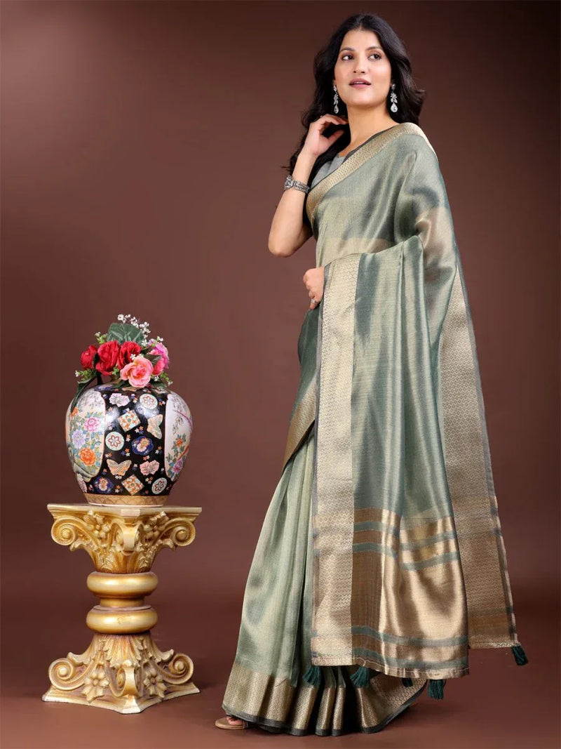 Sea Green Organza Saree With Blouse Piece - EZBER