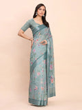 Sea Green SANSKRIT PRINTS Linen Cotton Saree with Blouse Piece - EZBER