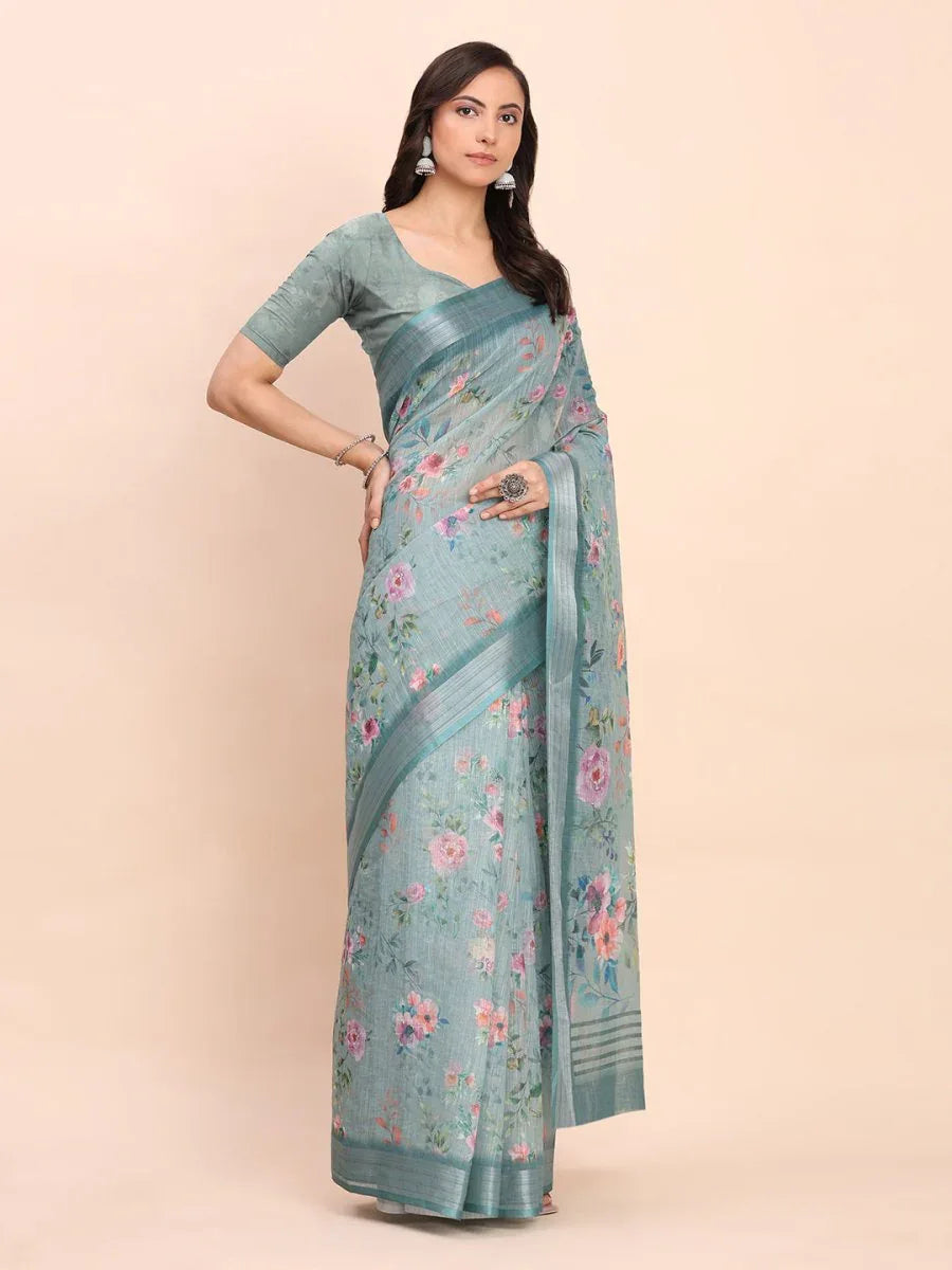 Sea Green SANSKRIT PRINTS Linen Cotton Saree with Blouse Piece - EZBER