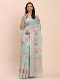 Sea Green SANSKRIT PRINTS Linen Cotton Saree with Blouse Piece - EZBER