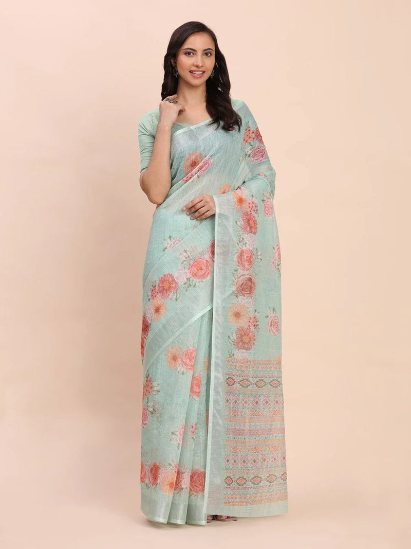 Sea Green SANSKRIT PRINTS Linen Cotton Saree with Blouse Piece - EZBER
