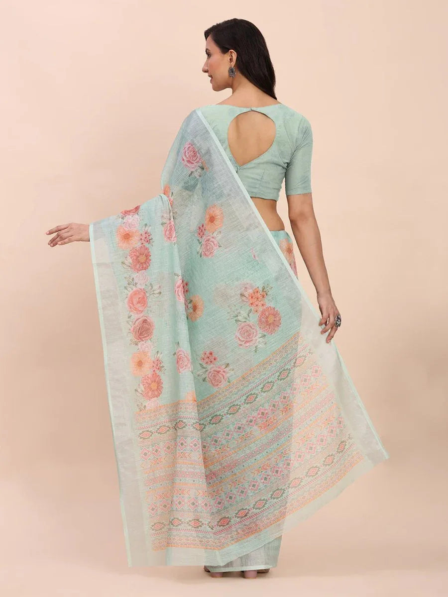 Sea Green SANSKRIT PRINTS Linen Cotton Saree with Blouse Piece - EZBER