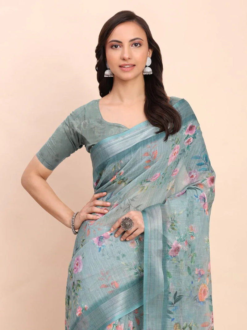 Sea Green SANSKRIT PRINTS Linen Cotton Saree with Blouse Piece - EZBER
