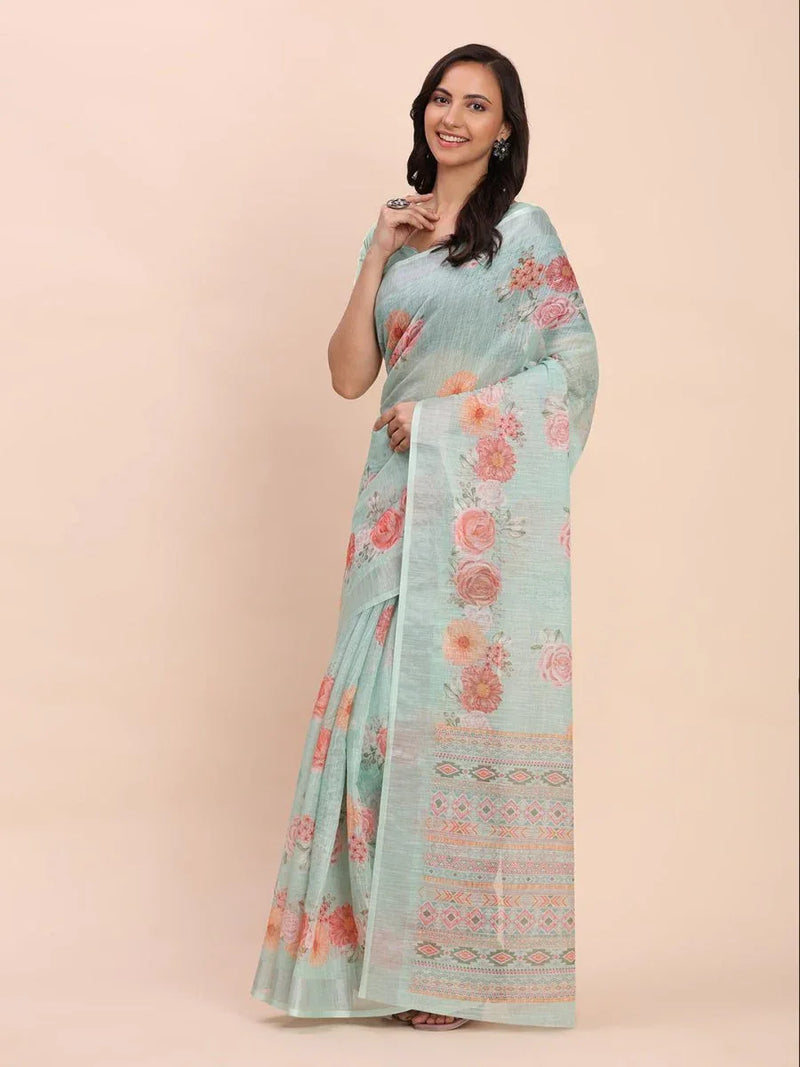 Sea Green SANSKRIT PRINTS Linen Cotton Saree with Blouse Piece - EZBER